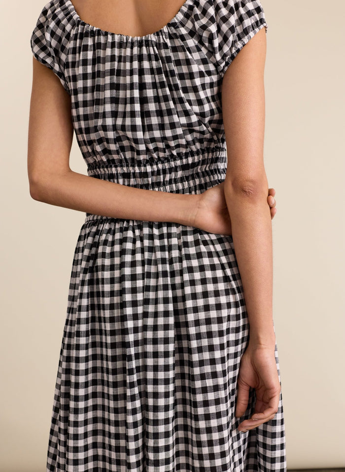Emily Linen Gingham Midi Dress - Black & White Gingham Baukjen