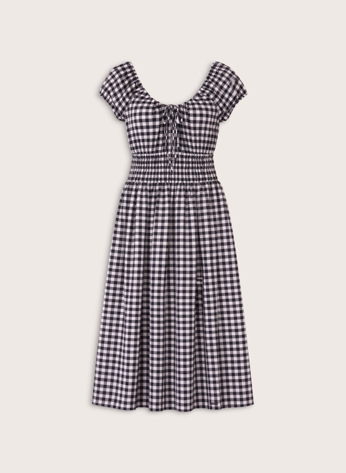 Emily Linen Gingham Midi Dress - Black & White Gingham Baukjen