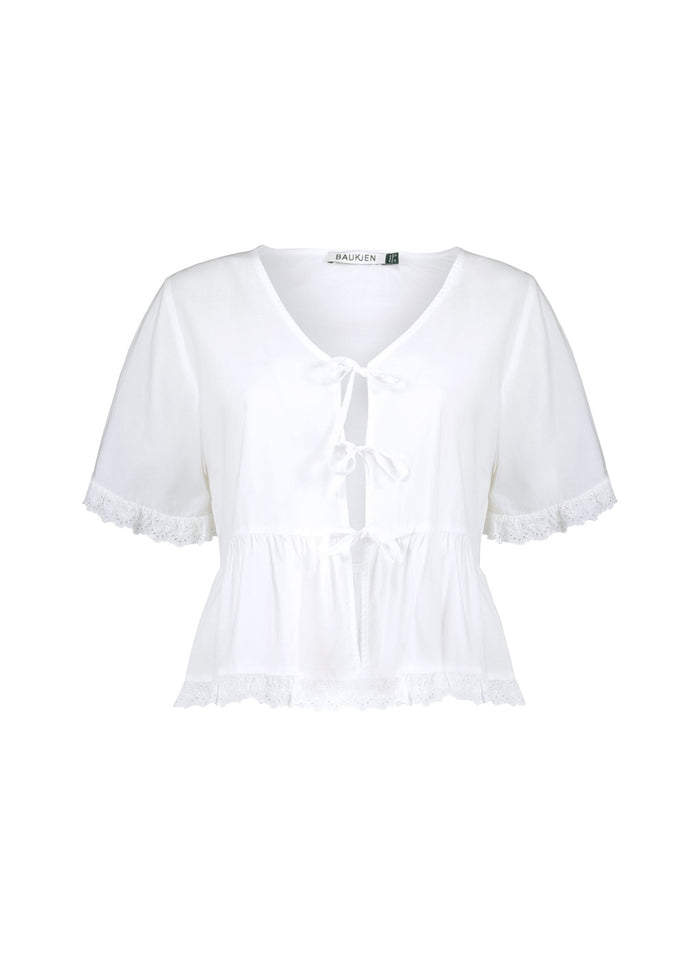 Emma Organic Cotton Broderie Detail Pyjama Top - Soft White Baukjen