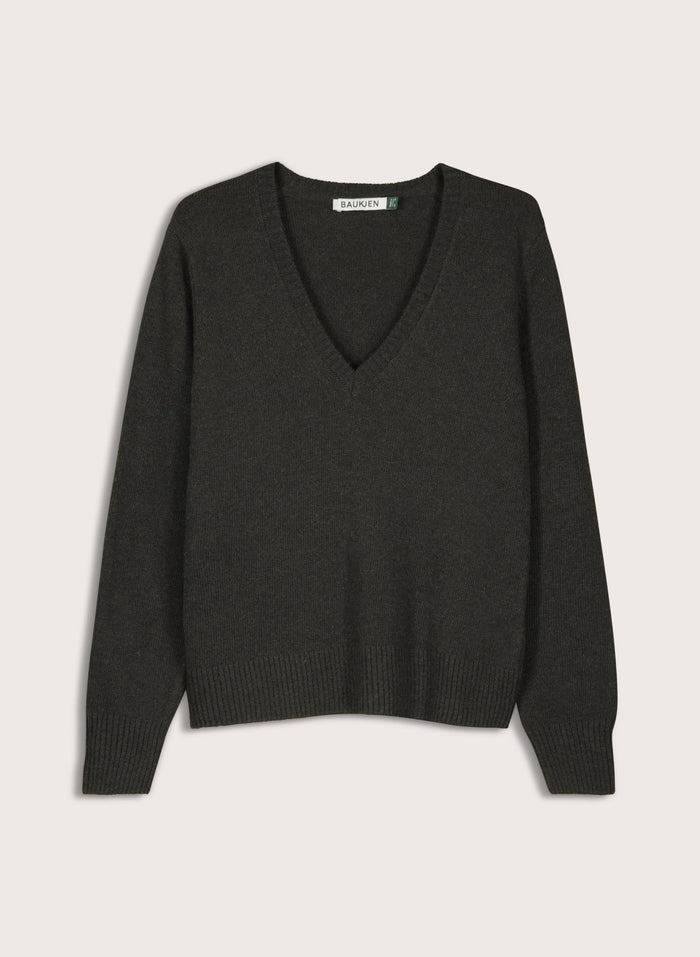 Emmeline Wool Blend V - Neck Jumper - Deep Khaki Baukjen
