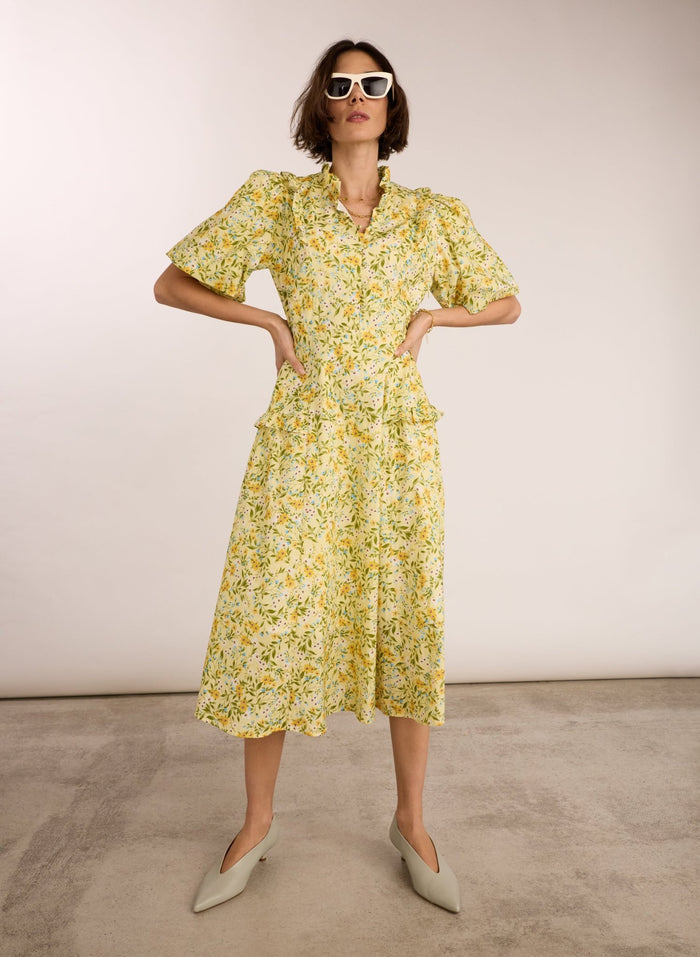 Eva Printed Midi Dress - Yellow Trailing Floral Baukjen
