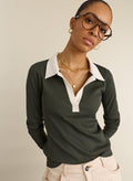 Fern Ribbed Polo Top - Deep Khaki Baukjen