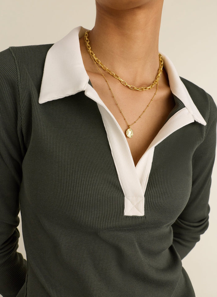 Fern Ribbed Polo Top - Deep Khaki Baukjen
