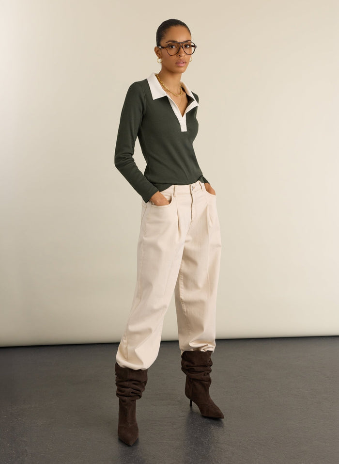 Fern Ribbed Polo Top - Deep Khaki Baukjen