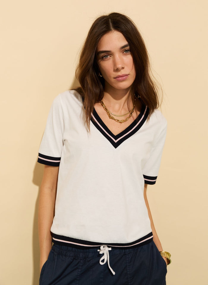 Hal Organic V - Neck Tee - Pure White, Navy & Powder Pink Baukjen