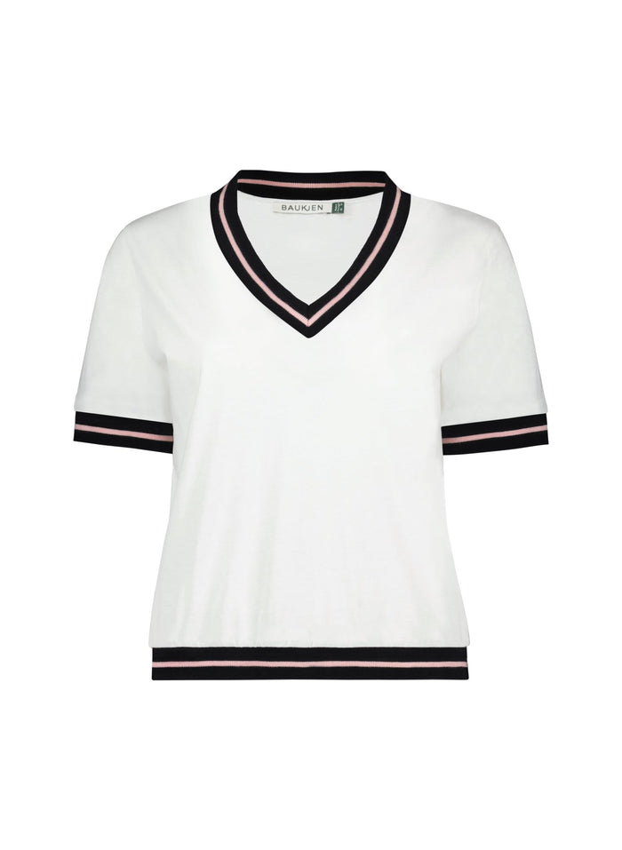 Hal Organic V - Neck Tee - Pure White, Navy & Powder Pink Baukjen