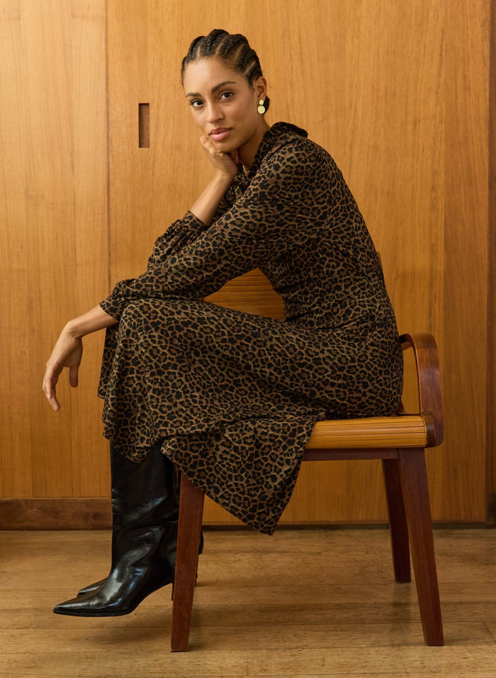 Hannah Printed Jersey Midi Dress - Chestnut Leopard Baukjen