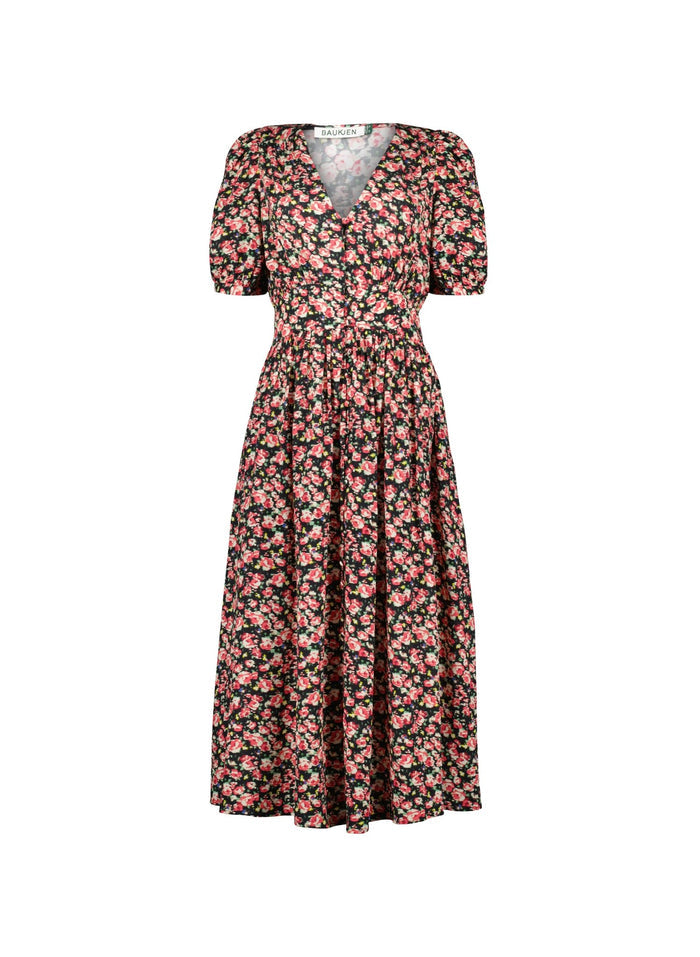 Holly V - Neck Waisted Midi Dress - Black Rose Floral Baukjen