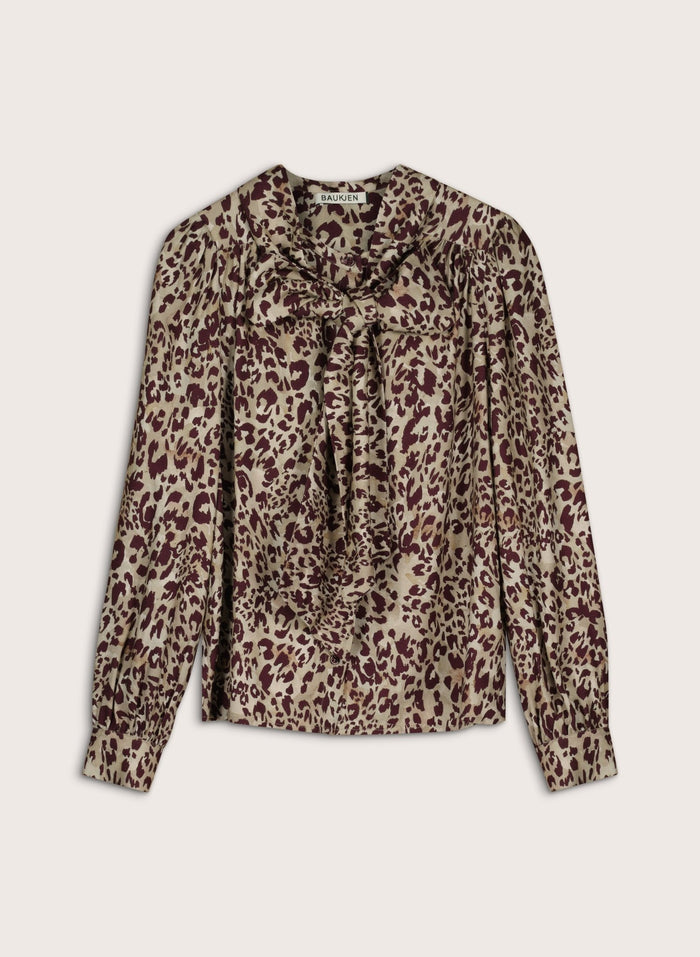 Ischia Printed Bow Neck Blouse - Plum Leopard Baukjen