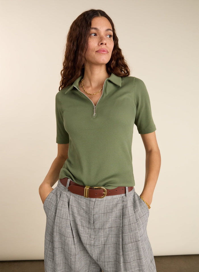Ivy Organic Rib Zip Collar Top - Light Khaki Baukjen