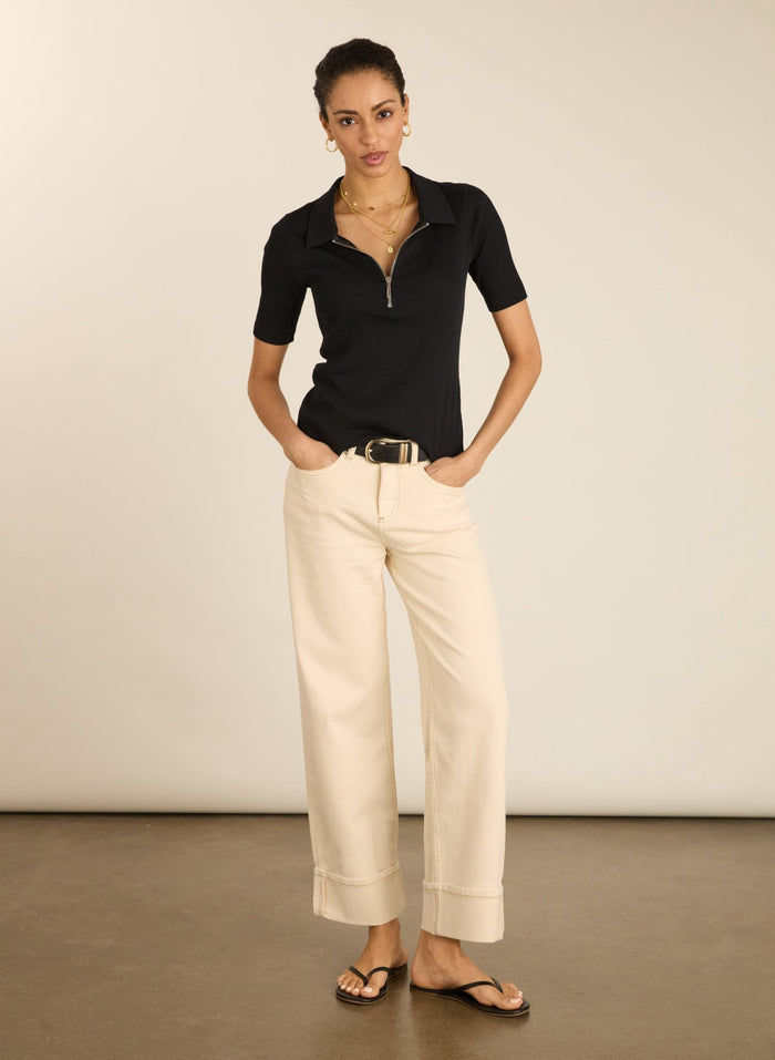 Ivy Organic Rib Zip Collar Top - Caviar Black Baukjen