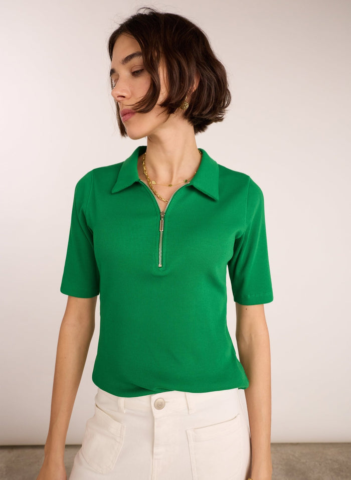 Ivy Organic Rib Zip Collar Top - Bright Emerald Baukjen