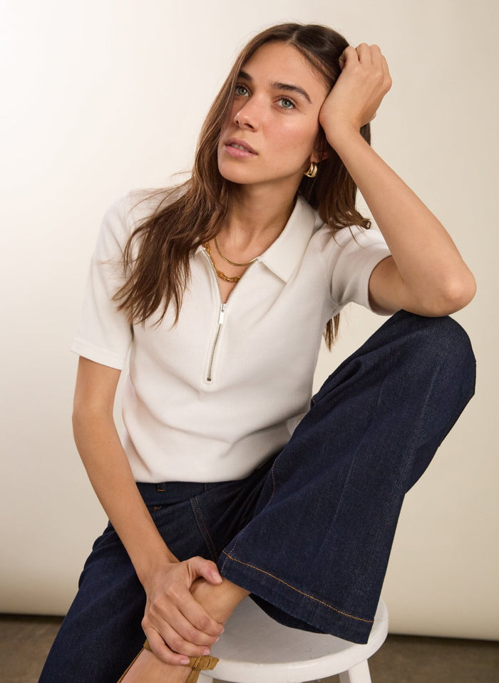 Ivy Organic Rib Zip Collar Top - Soft White Baukjen