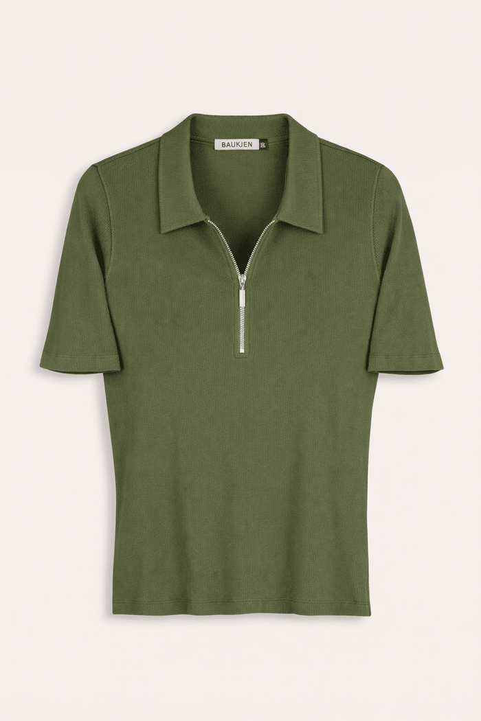 Ivy Organic Rib Zip Collar Top - Light Khaki Baukjen