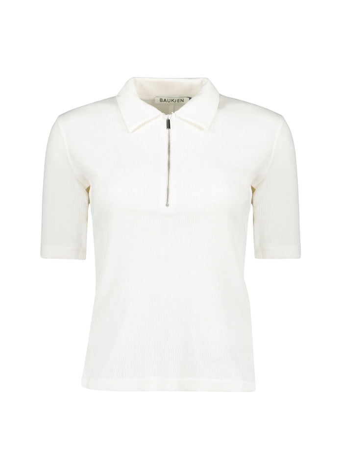 Ivy Organic Rib Zip Collar Top - Soft White Baukjen