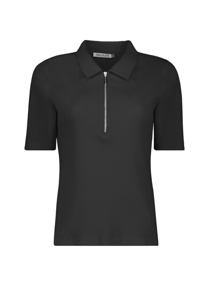 Ivy Organic Rib Zip Collar Top - Caviar Black Baukjen