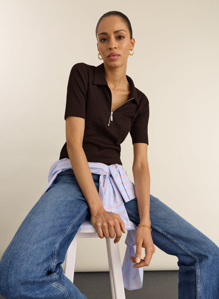 Ivy Ribbed Short-Sleeve Zip Top - Dark Chocolate Baukjen