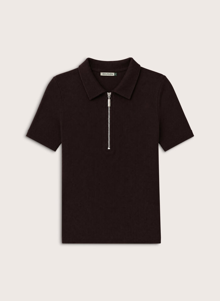 Ivy Ribbed Short-Sleeve Zip Top - Dark Chocolate Baukjen