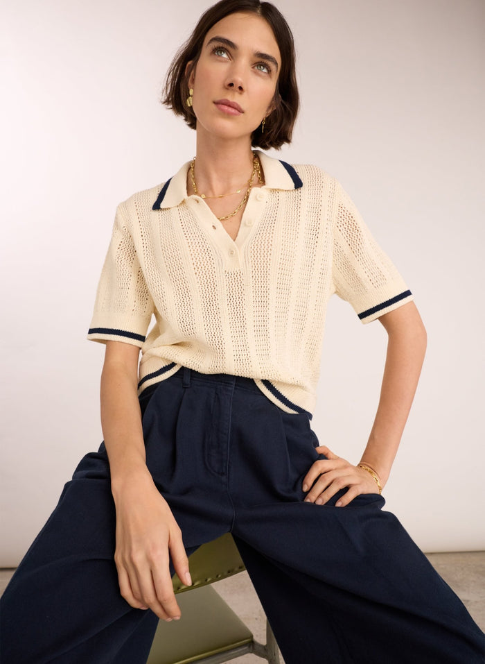 Janice Organic Cotton Knitted Polo Top - Cream Baukjen
