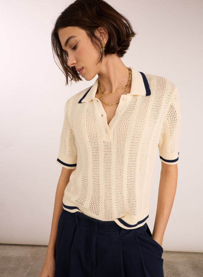 Janice Organic Cotton Knitted Polo Top - Cream Baukjen