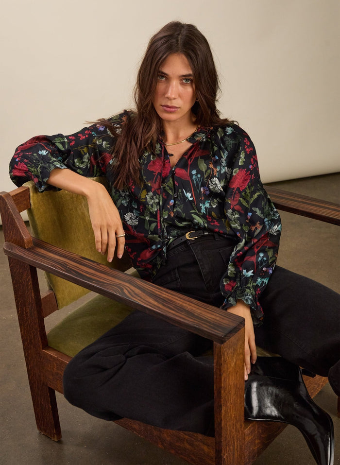 Jasmine Printed Tie Neck Satin Blouse - Black Botanical Print Baukjen