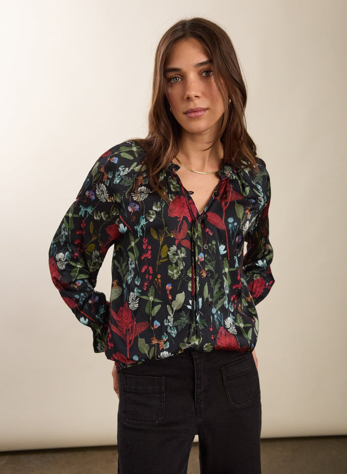 Jasmine Printed Tie Neck Satin Blouse - Black Botanical Print Baukjen