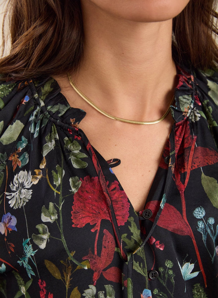 Jasmine Printed Tie Neck Satin Blouse - Black Botanical Print Baukjen