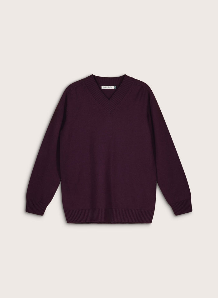 Jennifer V - Neck Merino Wool Jumper - Plum Baukjen