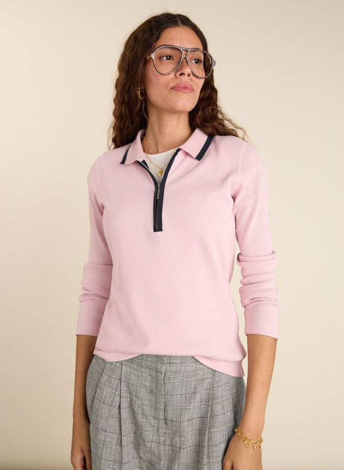 Joely Organic Cotton Rib Zip Collar Top - Pastel Pink & Navy Baukjen
