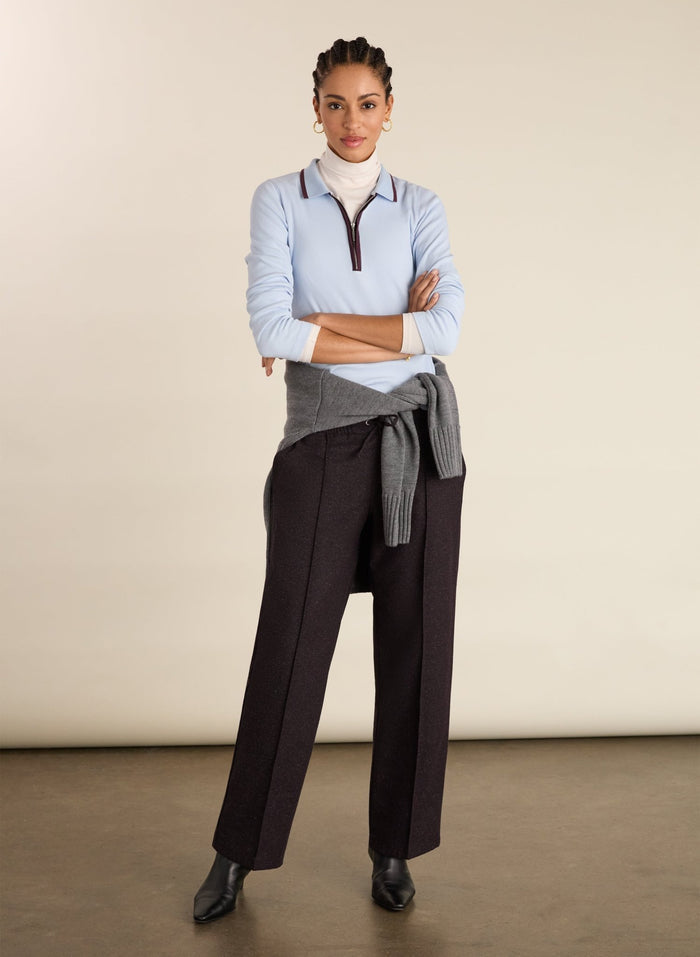 Joely Organic Cotton Rib Zip Collar Top - Ice Blue & Plum Baukjen