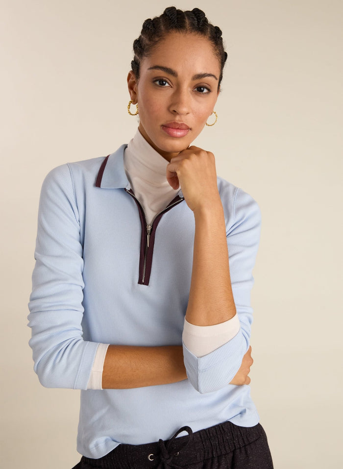 Joely Organic Cotton Rib Zip Collar Top - Ice Blue & Plum Baukjen