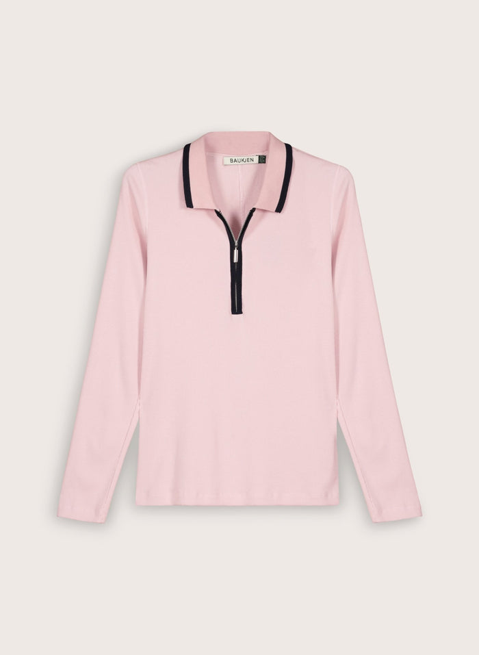 Joely Organic Cotton Rib Zip Collar Top - Pastel Pink & Navy Baukjen