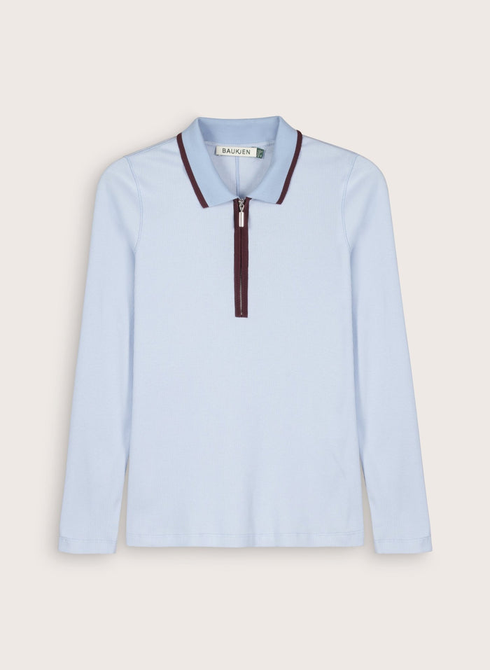 Joely Organic Cotton Rib Zip Collar Top - Ice Blue & Plum Baukjen