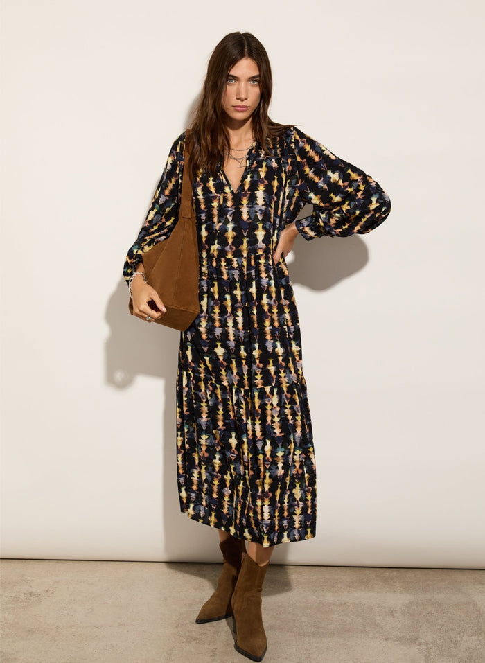 Kalina Printed Midi Dress - Navy Texture Baukjen