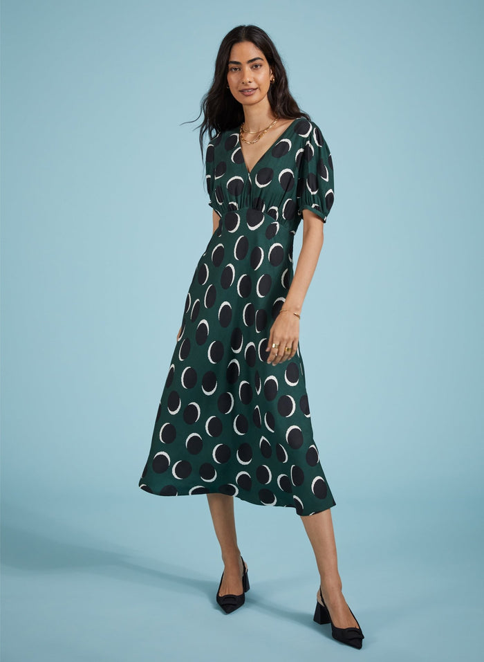 Kaydence Printed Midi Tea Dress with Livaeco - Green Shadow Spot Baukjen