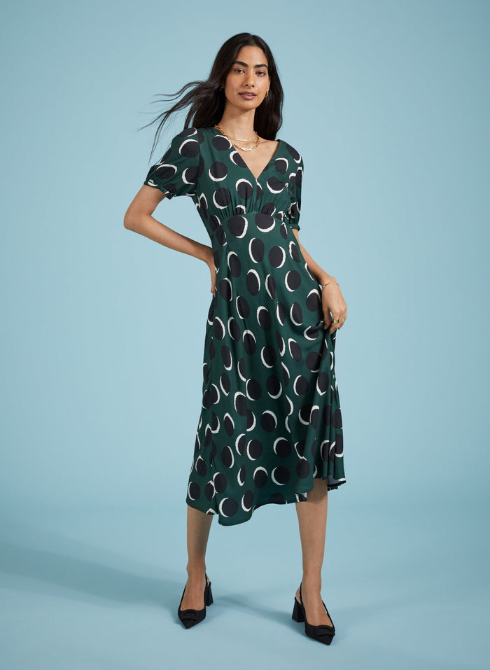 Kaydence Printed Midi Tea Dress with Livaeco - Green Shadow Spot Baukjen