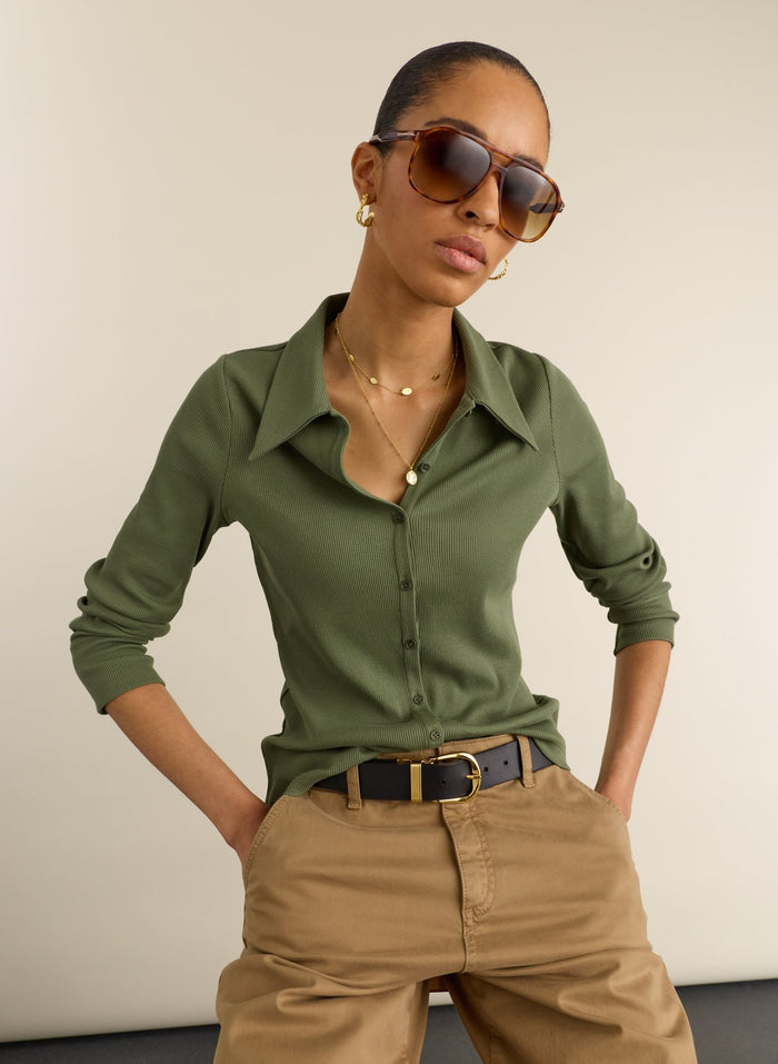 Kelly Ribbed Button-Down Top - Light Khaki Baukjen