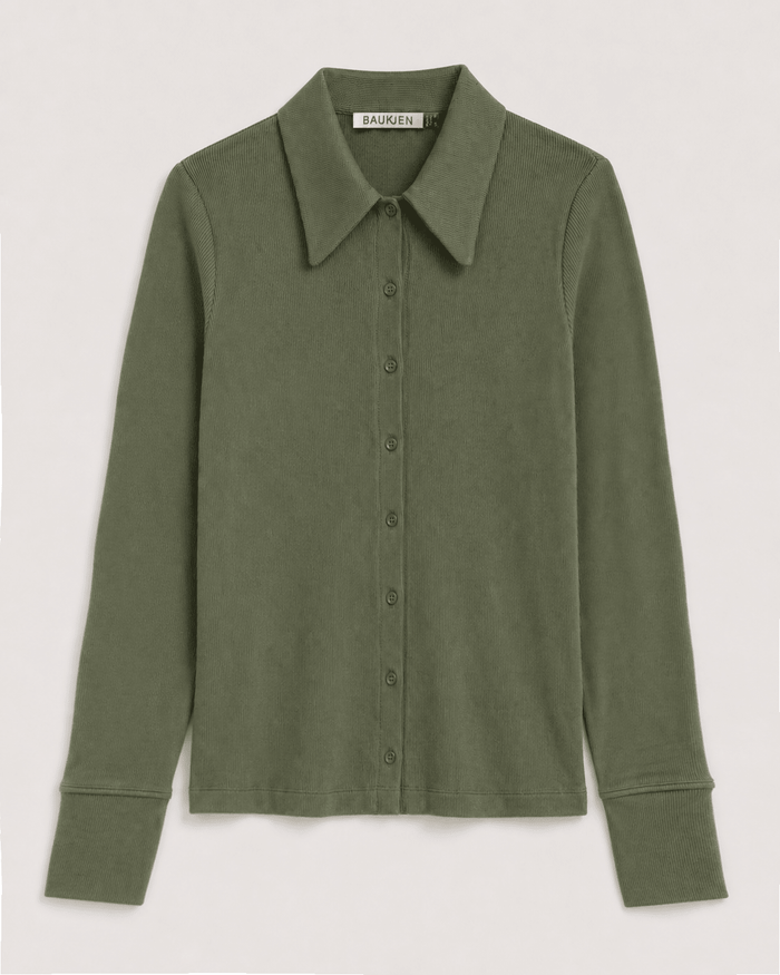 Kelly Ribbed Button-Down Top - Light Khaki Baukjen