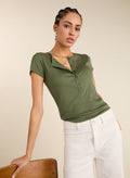 Kikki Cap Sleeve Henley Top - Light Khaki Baukjen
