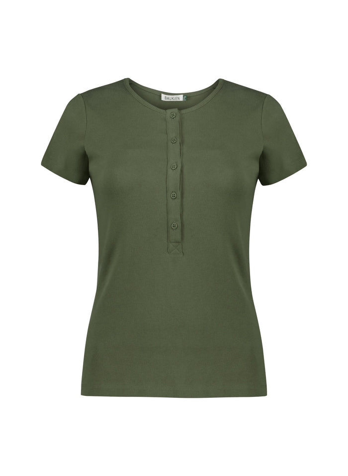 Kikki Cap Sleeve Henley Top - Light Khaki Baukjen