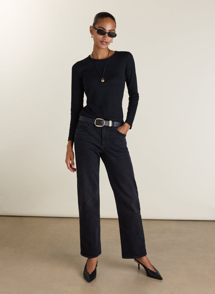 Kim Straight Leg Mid Rise Jeans - Washed Black Baukjen