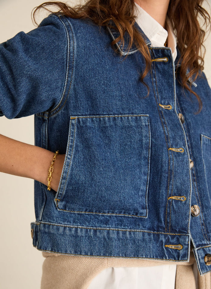 Kristi Organic Cotton Cropped Denim Jacket - Mid Wash Indigo Baukjen