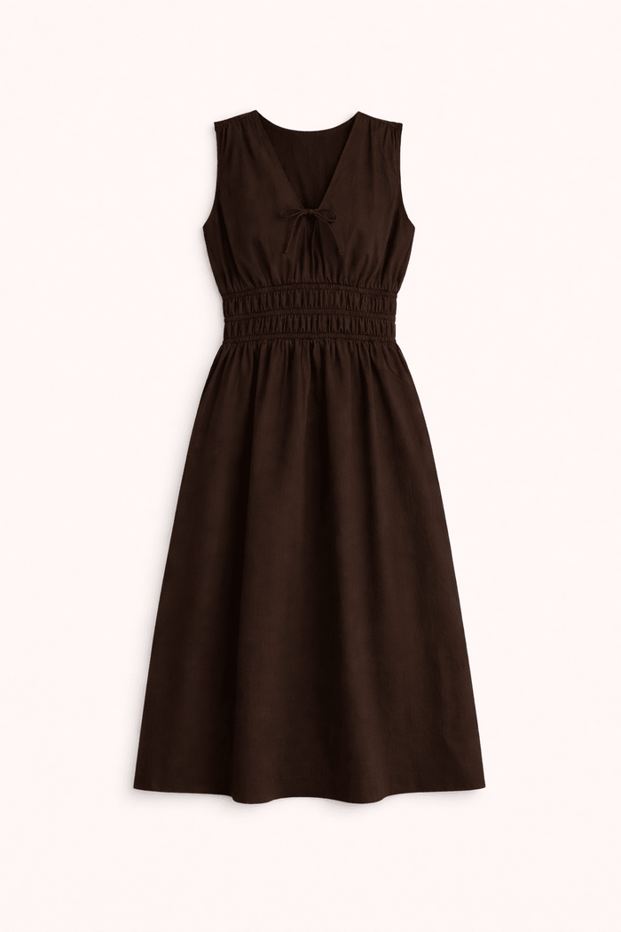 Kyrah Cotton Waisted Midi Dress - Dark Chocolate Baukjen