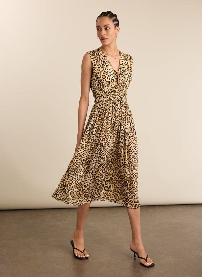 Kyrah Printed Waisted Midi Dress - Sandstone Leopard Baukjen