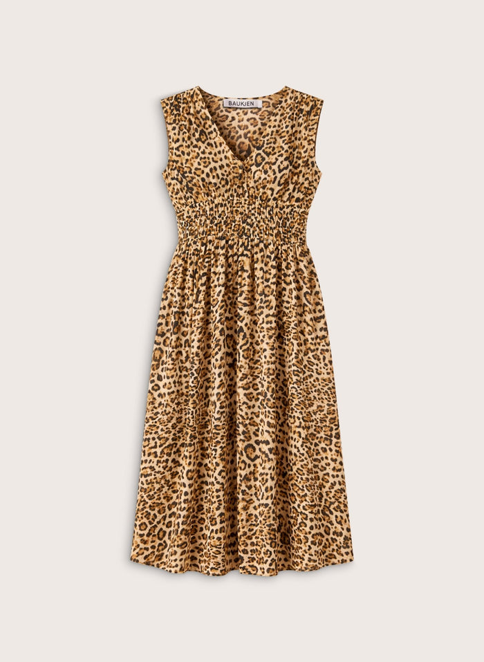 Kyrah Printed Waisted Midi Dress - Sandstone Leopard Baukjen