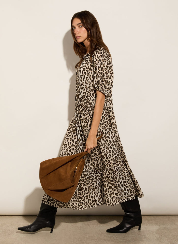Lavinia Printed Midi Dress - Taupe Leopard Baukjen