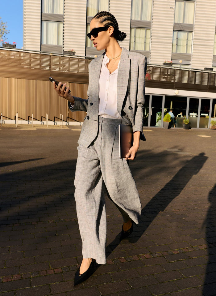 Lester Linen Blend Wide Leg Trousers - Black & White Check Baukjen