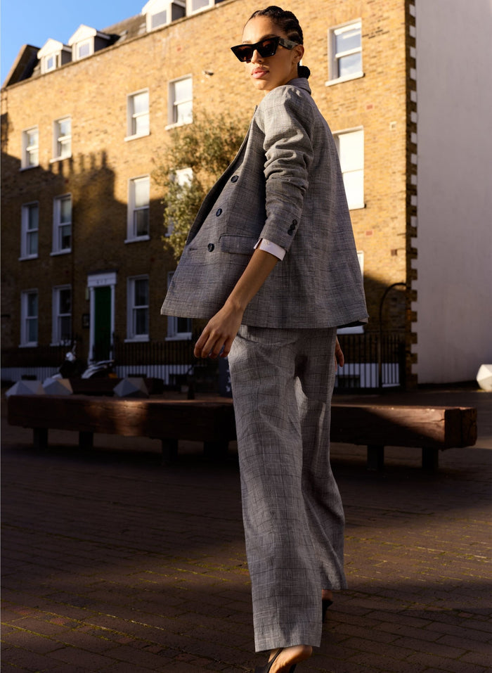 Lester Linen Blend Wide Leg Trousers - Black & White Check Baukjen