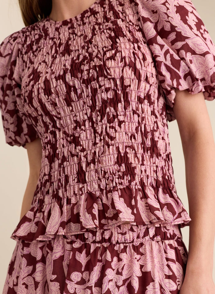 Lillie Organic Printed Smocked Top - Burgundy Summer Floral Baukjen