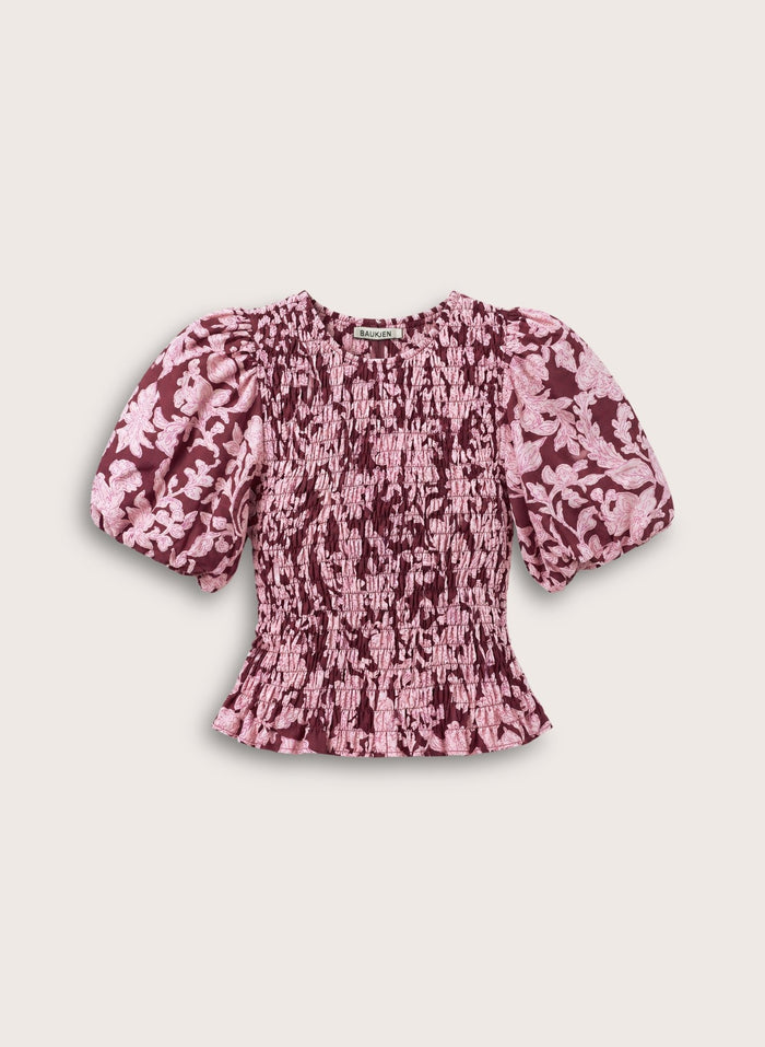 Lillie Organic Printed Smocked Top - Burgundy Summer Floral Baukjen